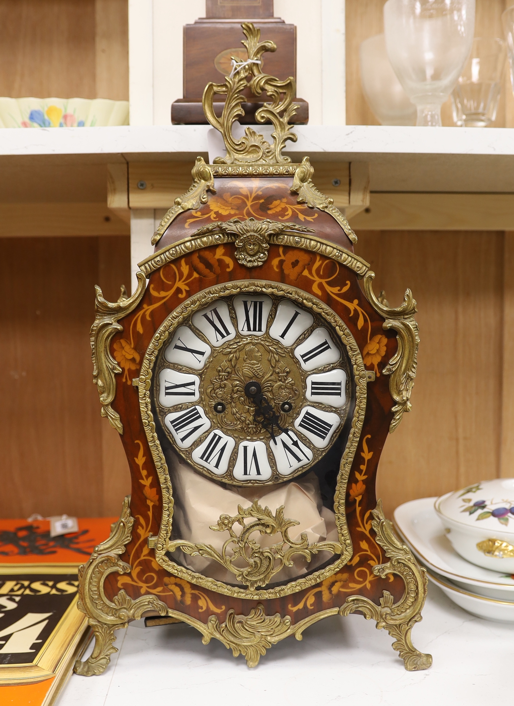 A French Louis XV style inlaid mantel clock, 56cm